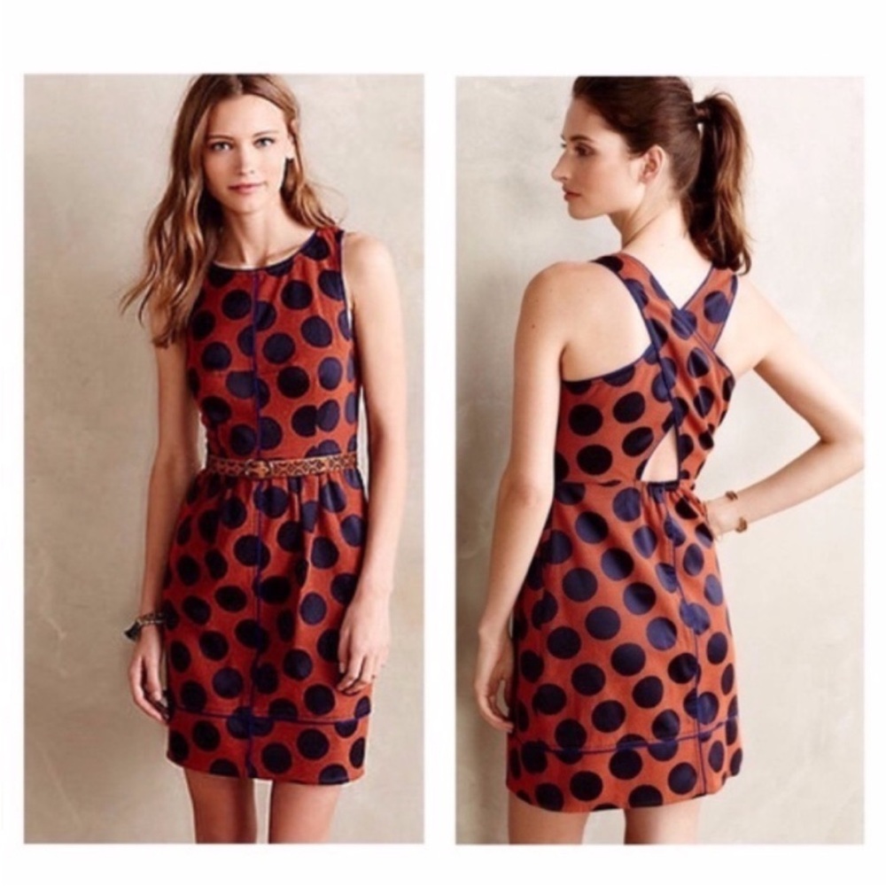 Anthropologie Maeve Navy and Rust Polka Dot Mini Dress